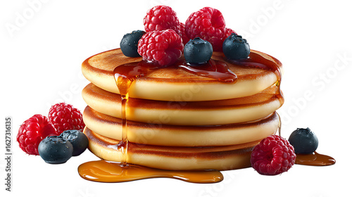 Stack of pancakes with berries and syrup isolated on transparent background