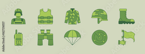 Various kinds of military equipment. Military and war vector illustrations set. Flat vector illustrations packs.
