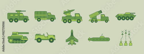 Various kinds of military transportations. Military and war vector illustrations set. Flat vector illustrations packs.