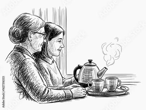 Line art illustration of two women sharing tea, intergenerational bonding. Pen and ink sketch style, isolated design element.