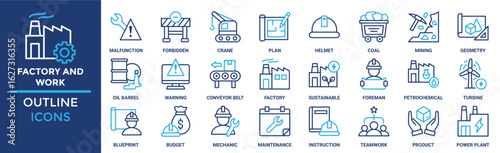 Factory and Work icon set. Containing malfunction, forbidden, crane, plan, helmet, coal, mining and more. Solid vector icons collection