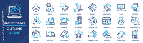 Marketing mix icon set. Containing product, price, promotion, sales, target, customer, profit and more. Solid vector icons collection