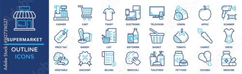 Supermarket icon set. Containing cashier, cart, tshirt, electronic, television, lemon, apple, scanner and more. Solid vector icons collection 