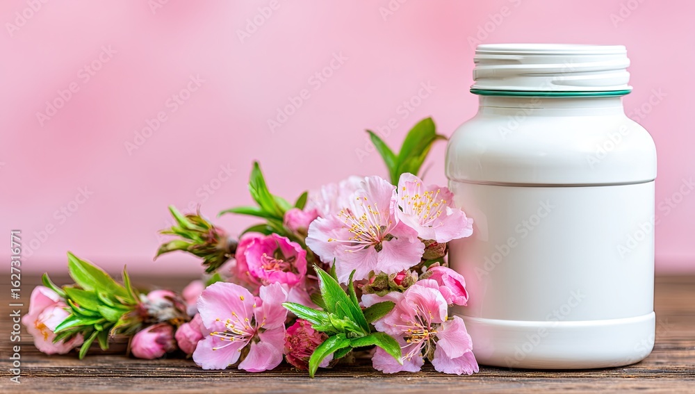 Pink flowers and a white supplement bottle on a wooden surface Pink flowers and a white supplement bottle on a wooden surface