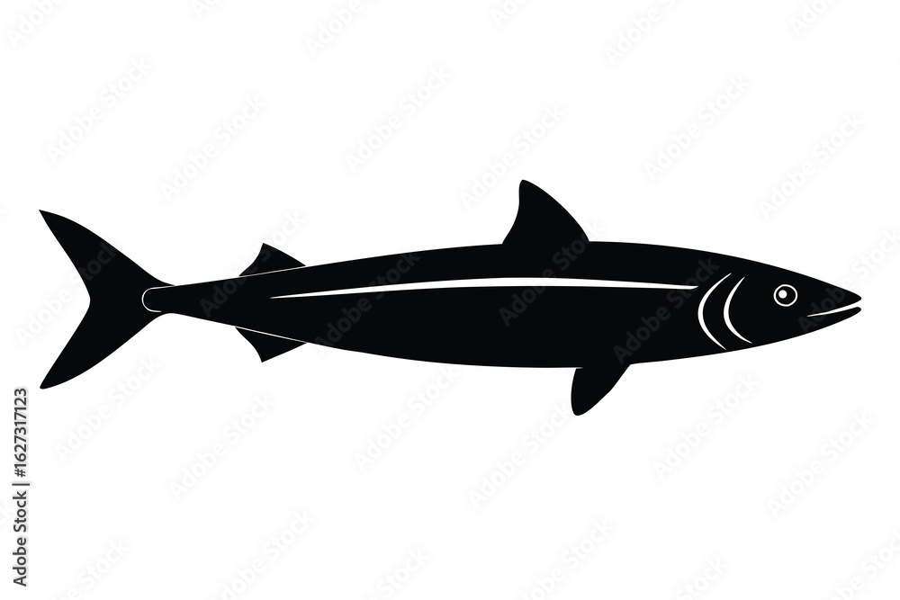 Fototapeta premium Silhouette of a Tunalike Fish, Highlighting Distinct Fins and Streamlined Body Shape, Isolated on White