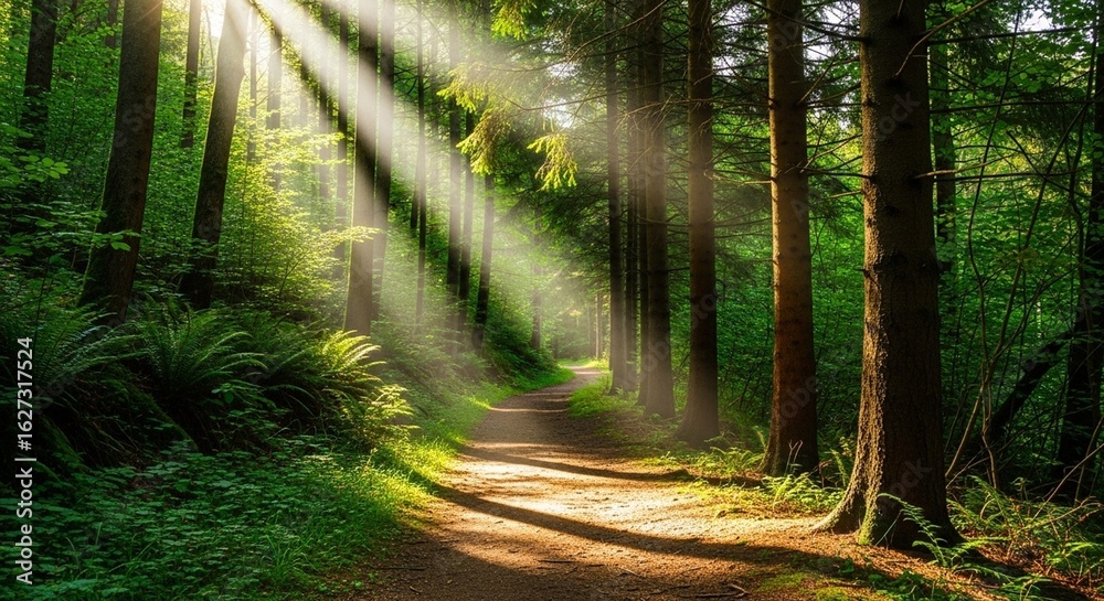 Fototapeta premium Sunlight streams through a lush green forest onto a winding path