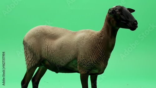 Brown and black sheep standing on green screen. Studio isolated farm animal for compositing.