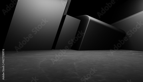 Fototapeta Naklejka Na Ścianę i Meble -  3d rendering of black abstract geometric modern dark room background. Scene for advertising design, showroom, technology, future, modern, sport, game, spaceship, warehouse, garage. Sci Fi Illustration