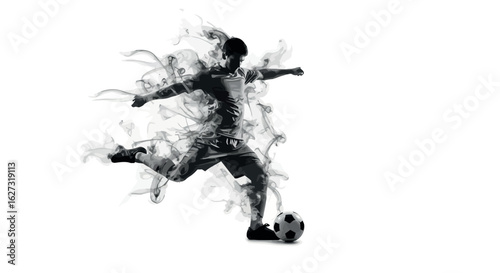 Dynamic soccer player in silhouette kicking ball with smoky wisps against white background