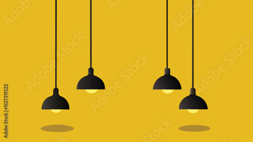 black hanging lamps in front of a vibrant yellow backdrop..eps