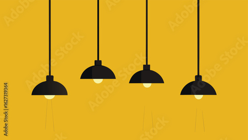 black ceiling lamps suspended against a bright yellow background..eps