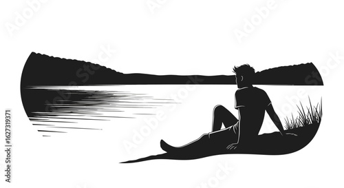 serene lakeside contemplation: a silhouette illustration of a man relaxing by a calm lake at sunset, isolated on a transparent background