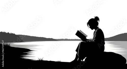 serene lakeside silhouette: a woman finds tranquility while reading a book by the calm waters of a lake, isolated on transparent background