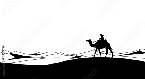 serene silhouette of a camel rider crossing the sands: a minimalist black and white illustration isolated on a transparent background