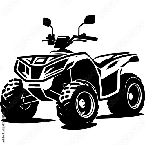 Sketchy sport emblem of Sport touring quad bike with off-road wheels front view. Engraving minimalistic vector in black ink drawing on transparent background