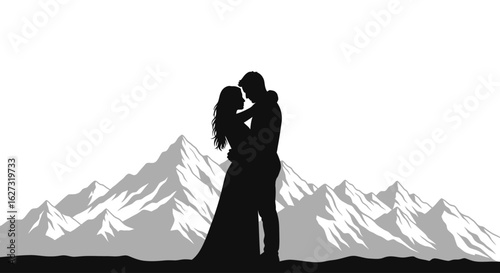 silhouette of a loving couple embracing against a majestic mountain range, isolated on a transparent background – perfect for romantic designs