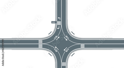 Aerial view of a complex highway interchange with multiple lanes and traffic flow