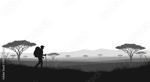 serene silhouette of a hiker trekking across an african savanna landscape, isolated on a transparent background: a monochromatic vector illustration perfect for travel and adventure designs