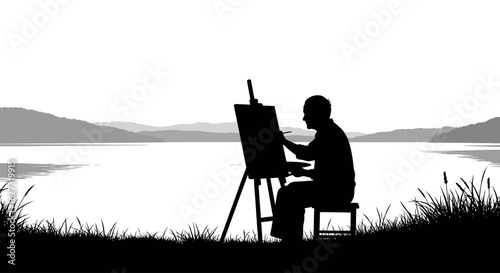 serene lakeside silhouette: an artist painting en plein air, isolated on a transparent background