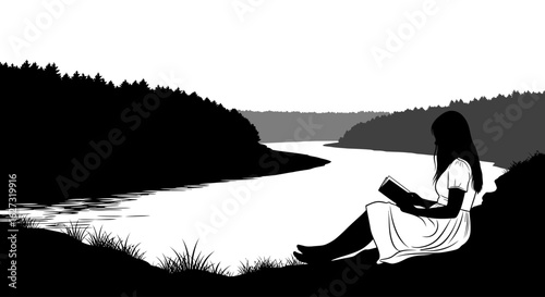 serene lakeside silhouette: a young woman lost in a book by a tranquil river, isolated on transparent background