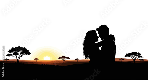 silhouette of a loving couple embracing at sunset, isolated on a transparent background, with acacia trees and a warm african savanna landscape