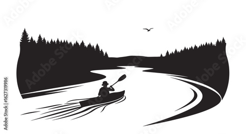 serene kayaking adventure: silhouette of a person paddling a kayak on a tranquil river, surrounded by a lush forest landscape, isolated on a transparent background.