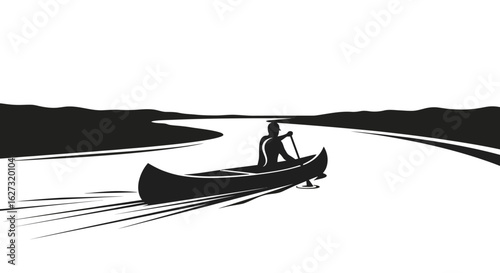 serene solo canoe journey: a black and white silhouette illustration of a person paddling down a calm river, isolated on transparent background, ideal for adventure, travel, and nature designs.