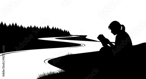 serene silhouette of a woman reading by a winding river, isolated on a transparent background: a peaceful lakeside scene with a forest backdrop