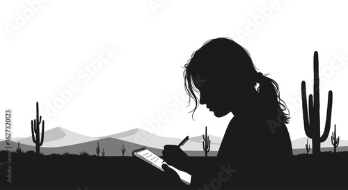 side profile silhouette of a person writing in a notebook, desert landscape background, isolated on transparent background