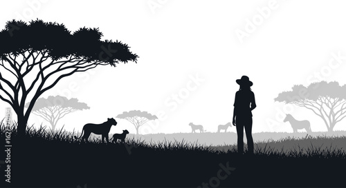 serene silhouette of a woman observing a lioness and cub in the african savanna, isolated on a transparent background