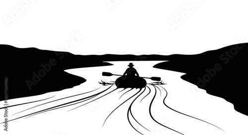 serene river journey: a silhouette illustration of a person solo canoeing down a calm river, isolated on a transparent background, ideal for travel, adventure, and relaxation themes.