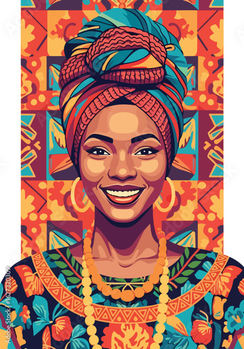 isolated flat illustration with transparent background of a beautiful smiling African woman in a vibrant traditional headwrap and ornate necklace. Ideal for celebrating African culture and diversity