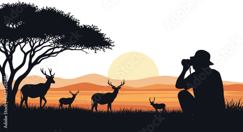 silhouette of a photographer capturing majestic deer in a serene african savanna sunset, isolated on a transparent background