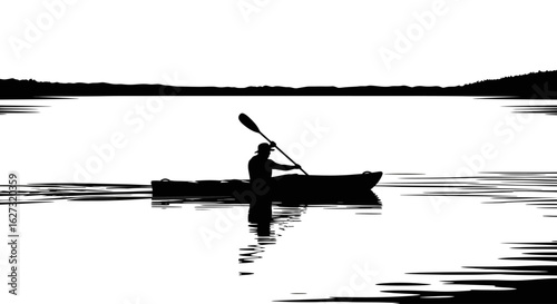 serene silhouette of a kayaker paddling across a calm lake at sunset, isolated on transparent background: perfect for travel brochures and outdoor recreation designs