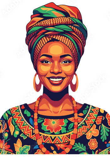 isolated flat illustration with transparent background of a beautiful smiling African woman in a vibrant traditional headwrap and ornate necklace. Ideal for celebrating African culture and diversity