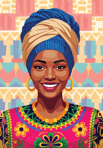 isolated flat illustration with transparent background of a beautiful smiling African woman in a vibrant traditional headwrap and ornate necklace. Ideal for celebrating African culture and diversity