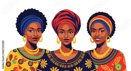 Isolated flat illustration with transparent background of three beautiful African women with smiles, wearing traditional vibrant headwraps and ornate necklaces. Ideal for celebrating African culture
