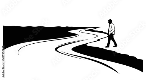 silhouette of a man walking along a winding river path: a minimalist black and white landscape illustration isolated on a transparent background