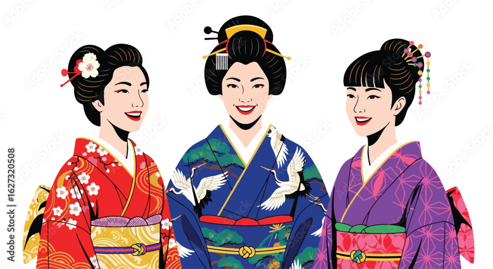 Fototapeta premium Isolated flat illustration with a transparent background of three smiling women in traditional Japanese kimonos, celebrating Japanese culture. Ideal for cultural themes, events, and travel