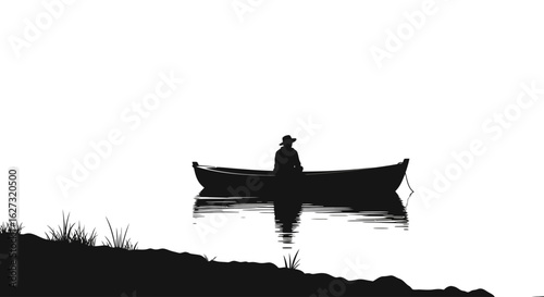 serene silhouette of a fisherman in a rowboat on a calm lake, isolated on a transparent background – vector illustration
