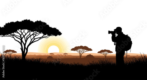 silhouette of a photographer capturing the serene african sunset, isolated on a transparent background: a stunning vector illustration