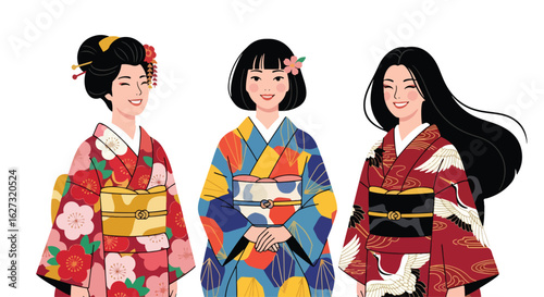 
Isolated flat illustration with a transparent background of three smiling women in traditional Japanese kimonos, celebrating Japanese culture. Ideal for cultural themes, events, and travel
