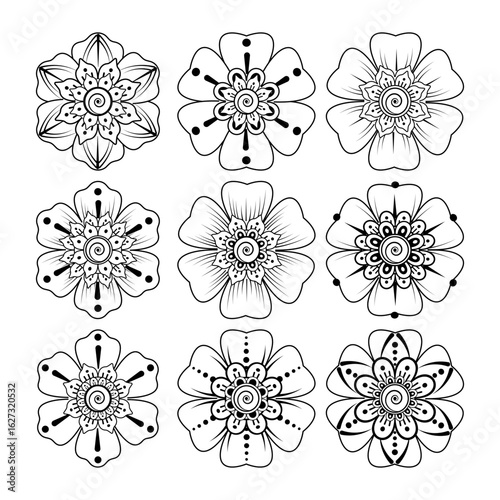 Mehndi flower pattern for Henna drawing and tattoo. Decoration in ethnic oriental  Indian style. Doodle ornament. Outline hand draw vector illustration.