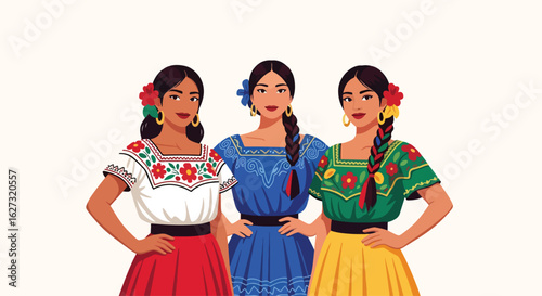 Isolated flat illustration with transparent background of three smiling women in traditional vibrant Mexican dresses and accessories, celebrating Mexican culture. Ideal for cultural themes and events
