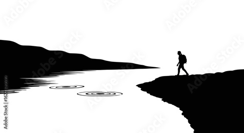 silhouette of a backpacker walking by a serene lake at dusk, isolated on transparent background – minimalist vector illustration