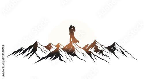 silhouette of a couple embracing atop majestic mountains at sunset, isolated on transparent background – romantic mountaintop vector illustration