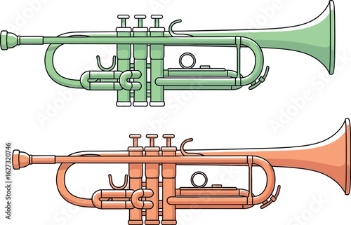 Two colorful trumpets one green and one orange isolated on a white background