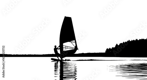 side profile silhouette of a windsurfer gliding across a calm lake at sunset, isolated on transparent background   vector illustration