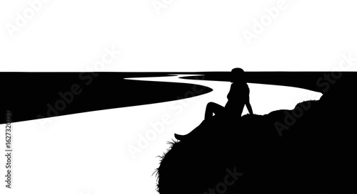 serene silhouette of a woman contemplating a winding river at sunset, isolated on a transparent background – vector illustration