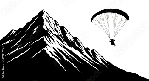 dramatic silhouette of paraglider soaring over a majestic mountain peak, isolated on a transparent background: perfect for adventure and travel designs